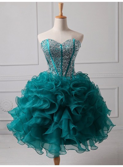 Ruffles Ball Gown Strapless Sweetheart Backless Rhinestone Organza Teal Homecoming Dresses