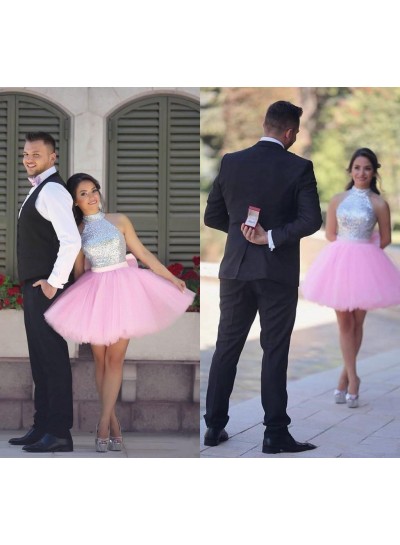 Pink Ball Gown Halter Sleeveless Cute Short Tulle Beading Homecoming Dresses