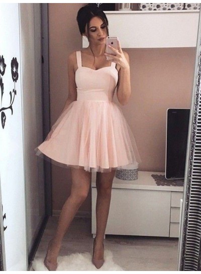 Straps Sleeveless A Line Sweetheart Tulle Pink Sexy Pleated Homecoming Dresses