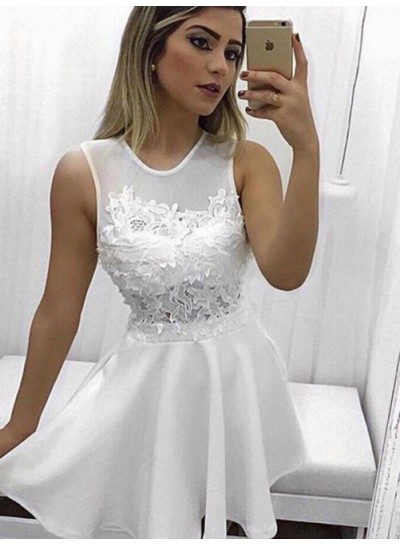 Jewel Appliques White A Line Pleated Satin Flowers Short Homecoming Dresses
