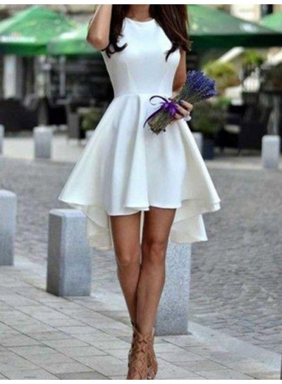 Sleeveless Ivory Satin High Low Pleated A Line Scoop Simple Homecoming Dresses