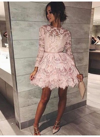 Long Sleeve Jewel Lace A Line Tiered Short Flowers Pink Sheer Homecoming Dresses