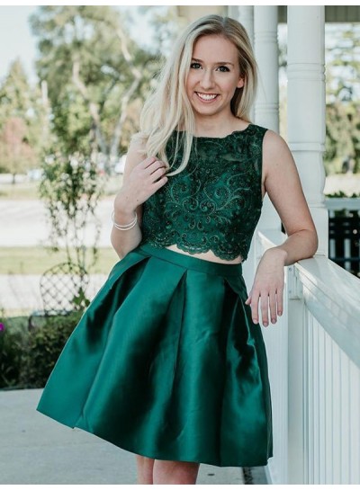 Jewel Ball Gown Sleeveless Dark Green Appliques Lace Two Pieces Satin Homecoming Dresses