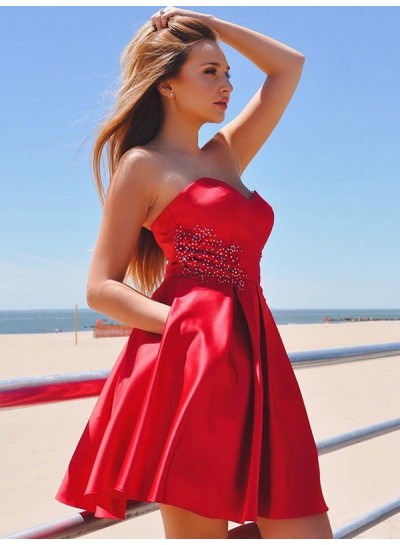 Sweetheart Strapless A Line Satin Red Pleated Backless Short Homecoming Dresses