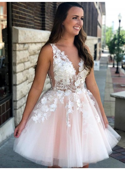 Deep V Neck A Line Sleeveless Pleated Tulle Appliques Flowers Homecoming Dresses