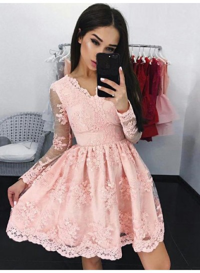 Long Sleeve V Neck Pink Lace Appliques Sheer Flowers A Line Short Homecoming Dresses