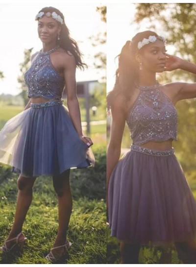 Halter Sleeveless A Line Pleated Two Pieces Tulle Beading Short Homecoming Dresses