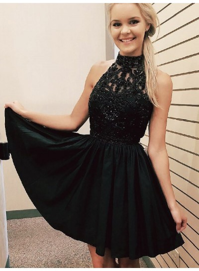 Halter Sleeveless A Line Pleated Black Satin Appliques Beading Homecoming Dresses