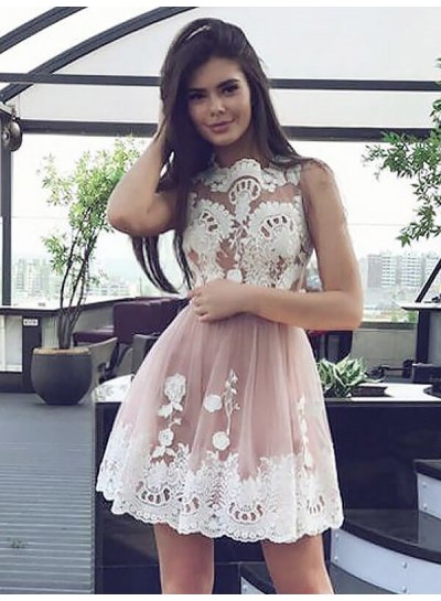 Sleeveless Jewel A Line Dusty Rose Appliques Lace Pleated Short Homecoming Dresses