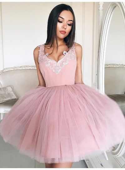 V Neck Pink Tulle Ball Gown Sleeveless Appliques Pleated Homecoming Dresses