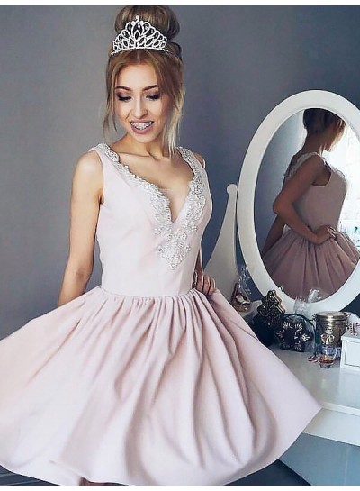 Deep V Neck Sleeveless Appliques A Line Satin Pink Pleated Short Homecoming Dresses