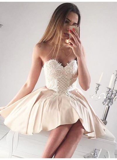 Strapless Sweetheart Appliques A Line Ivory Taffeta Pleated Short Backless Homecoming Dresses