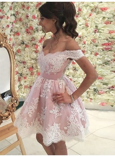 Off The Shoulder V Neck Appliques Lace Pink A Line Pleated Short Homecoming Dresses