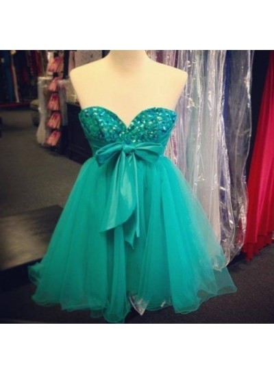 Strapless Sweetheart Bowknot Hunter A Line Tulle Pleated Backless Homecoming Dresses