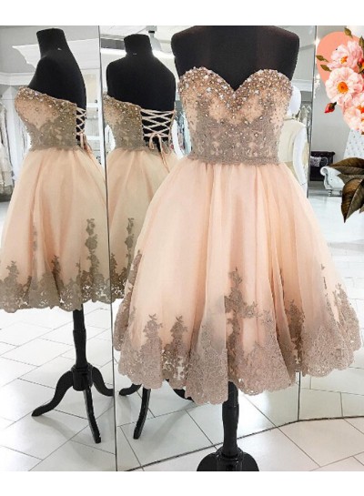 Strapless Sweetheart Backless Lace Appliques Rhinestone A Line Pleated Homecoming Dresses