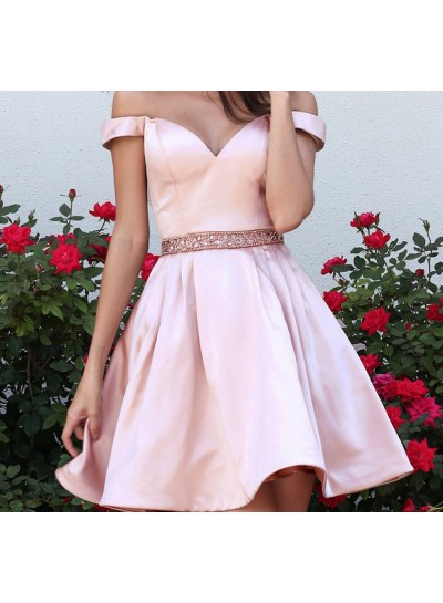 Off The Shoulder A Line Pink Satin Pleated Beading V Neck Short Homecoming Dresses