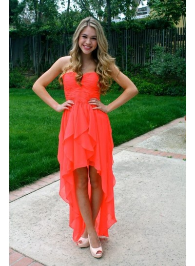 High Low Strapless Sweetheart Chiffon Coral A Line Pleated Homecoming Dresses