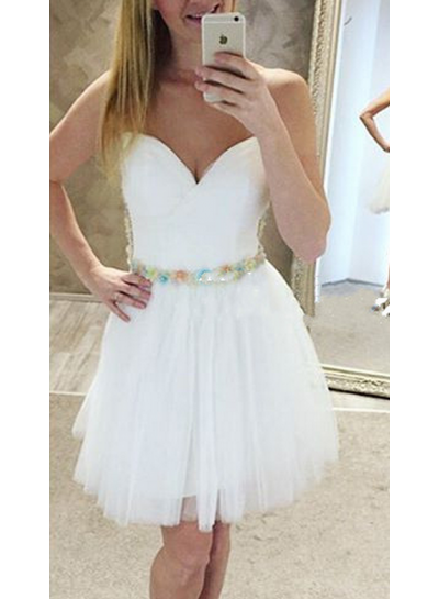 Deep V Neck Sleeveless Strapless A Line Tulle Pleated Ivory Homecoming Dresses