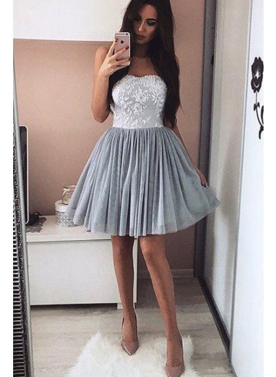 Strapless Sweetheart Appliques A Line Tulle Pleated Grey Short Homecoming Dresses