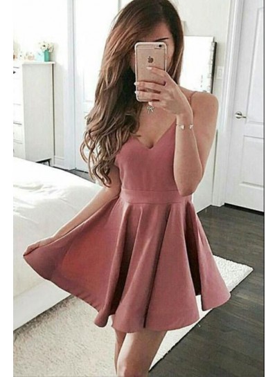 Spaghetti Straps V Neck A Line Satin Pleated Dusty Rose Short Simple Homecoming Dresses