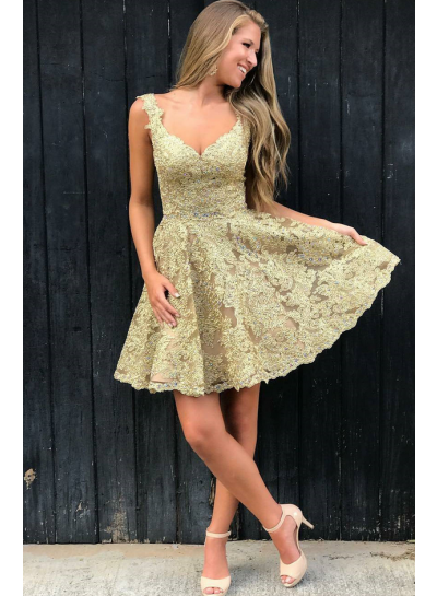 Sleeveless V Neck Appliques Gold A Line Lace Short Pleated Homecoming Dresses