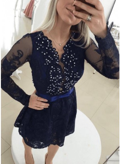 Short V Neck A Line Lace Appliques Flowers Beading Long Sleeve Black Homecoming Dresses