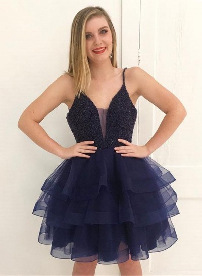 Spaghetti Straps Deep V Neck Ball Gown Tiered Dark Navy Organza Homecoming Dresses