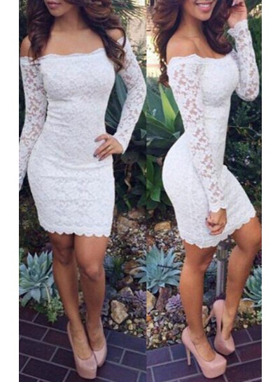 Off The Shoulder White Long Sleeve Sheath Lace Flowers Short Homecoming Dresses