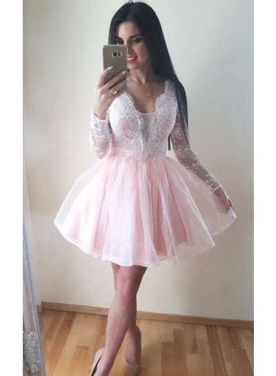 Lace Long Sleeve Sheer Tulle Pleated Short Deep V Neck Exquisite Pink Homecoming Dresses