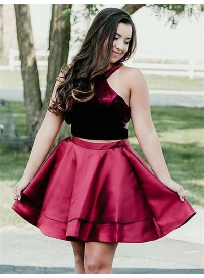 Halter Sleeveless Two Pieces Satin Burgundy Pleated Short Homecoming Dresses