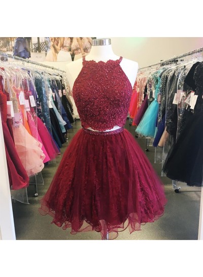 Burgundy Halter Sleeveless Two Pieces A Line Appliques Lace Organza Homecoming Dresses