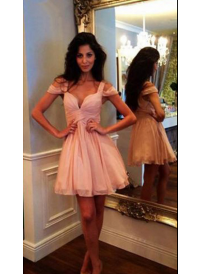 Off The Shoulder A Line Pleated Deep V Neck Straps Chiffon Homecoming Dresses