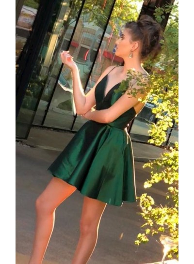 Deep V Neck Spaghetti Straps Short Satin Dark Green Pleated Homecoming Dresses