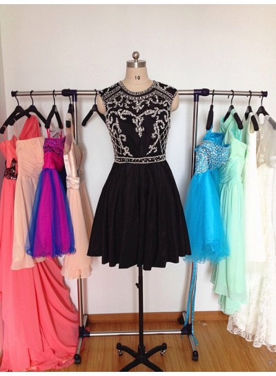 Jewel Sleeveless A Line Satin Pleated Appliques Beading Black Short Homecoming Dresses