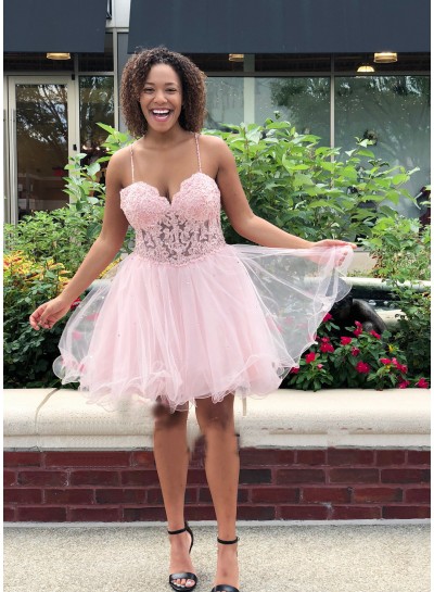 Pink Spaghetti Straps Sweetheart A Line Organza Pleated Lace Sexy Homecoming Dresses