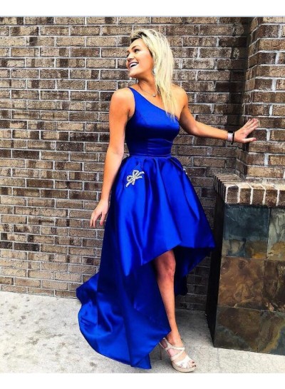 Royal Blue One Shoulder High Low Satin Pleated Sleeveless Ball Gown Homecoming Dresses