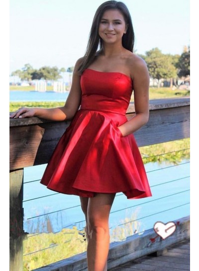 Satin Strapless Sweetheart A Line Pleated Sexy Short Simple Homecoming Dresses