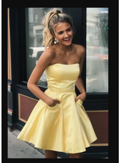 Strapless Sweetheart A Line Satin Light Yellow Pockets Pleated Short Homecoming Dresses