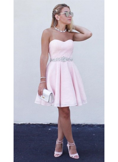 Strapless Sweetheart A Line Rhinestone Pleated Blushing Pink Homecoming Dresses