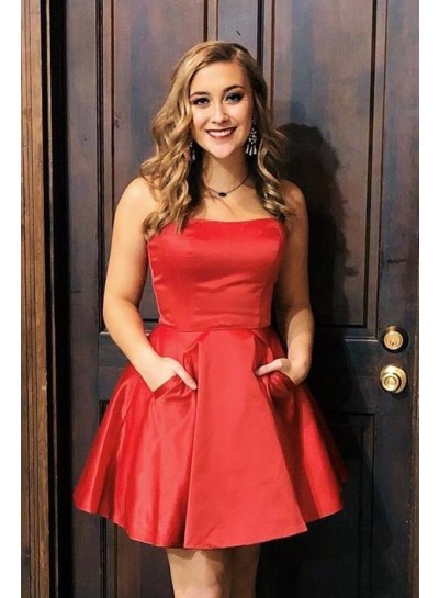 Strapless A Line Red Satin Pleated Pockets Short Elegant Sexy Homecoming Dresses