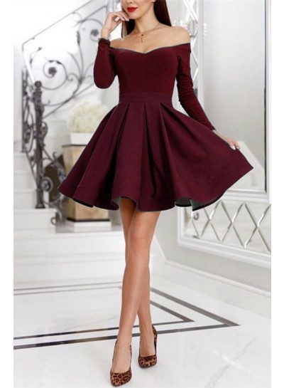 Burgundy Off The Shoulder A Line Pleated Satin Long Sleeve Short Homecoming Dresses