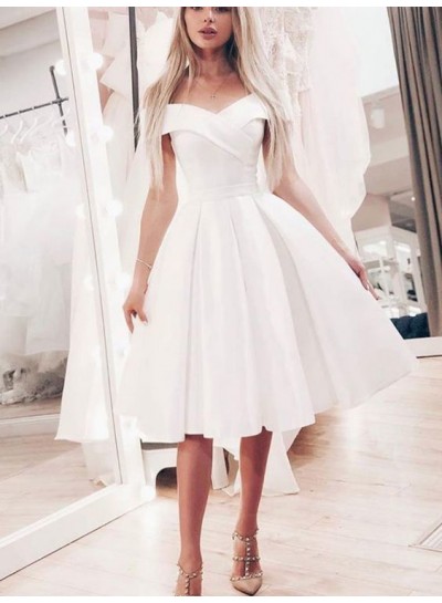 Off The Shoulder A Line Ivory Pleated Knee Length Satin Homecoming Dresses