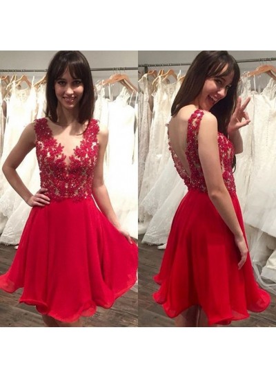 A Line Sheer Red Appliques Organza Pleated Backless Short Sleeveless Homecoming Dresses