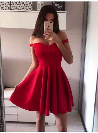 A Line Red Off The Shoulder Sweetheart Pleated Short Satin Homecoming Dresses