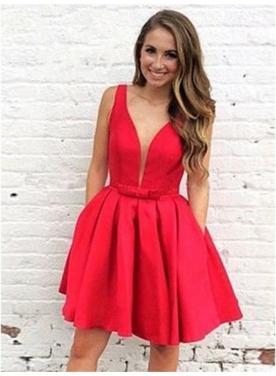 Sleeveless Red A Line Pleated Satin Deep V Neck Short Simple Sexy Homecoming Dresses