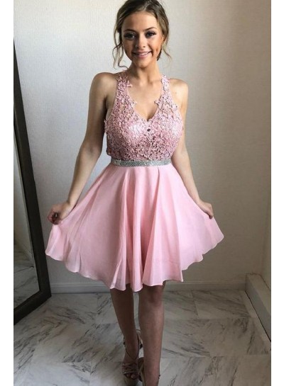 Chiffon Pink A Line Appliques Sleeveless V Neck Lace Short Homecoming Dresses