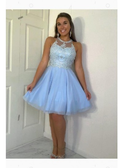 Halter A Line Pleated Tulle Appliques Knee Length Sleeveless Homecoming Dresses