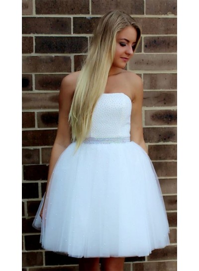Strapless Ball Gown Tulle Beading Short White Pleated Princess Homecoming Dresses