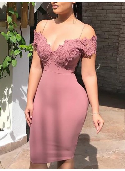 Dusty Rose Sheath Spaghetti Straps V Neck Off The Shoulder Appliques Satin Homecoming Dresses
