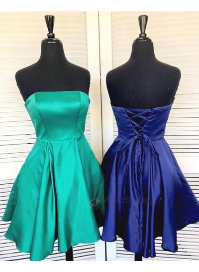Strapless Backless Lace Up A Line Satin Short Pleated Homecoming Dresses
